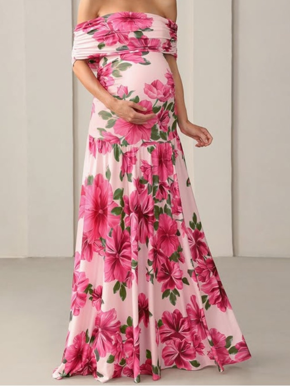 JJs House Pink Floral Off-the-Shoulder Maternity Maxi Dress